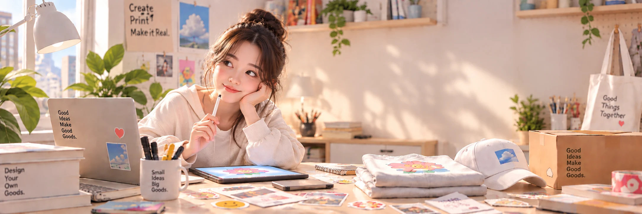 햇살이 드는 작업실에서 나만의 굿즈를 구상하는 모습