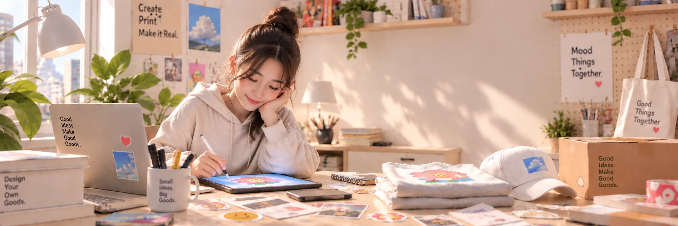 태블릿으로 그림을 그리고 티셔츠와 머그컵을 디자인하는 모습