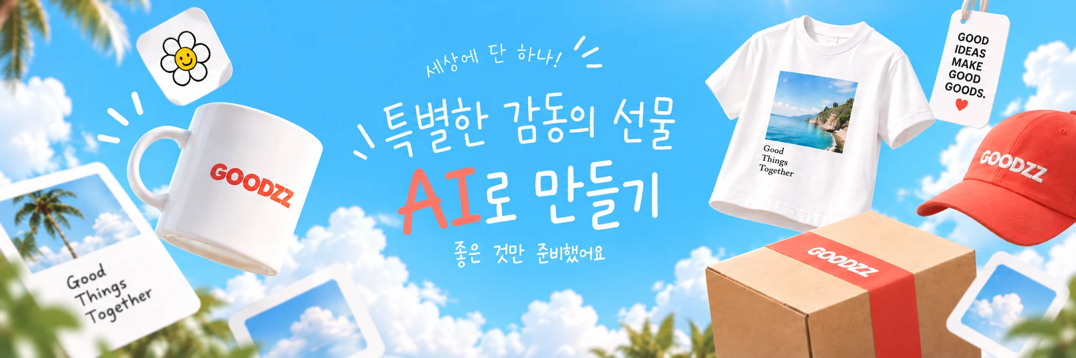 세상에 단 하나! 특별한 감동의 선물 AI로 만들기. 좋은 것만 준비했어요. GOODZZ 머그컵, 티셔츠, 모자와 선물 상자